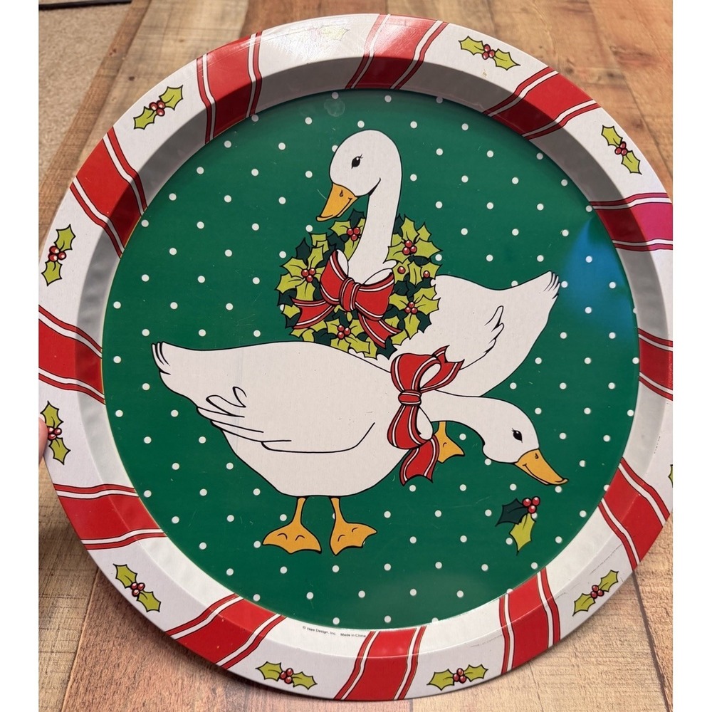 Giftco Christmas Geese Duck Tray 13" Round Vintage 1" Rim Cottagecore Grandma